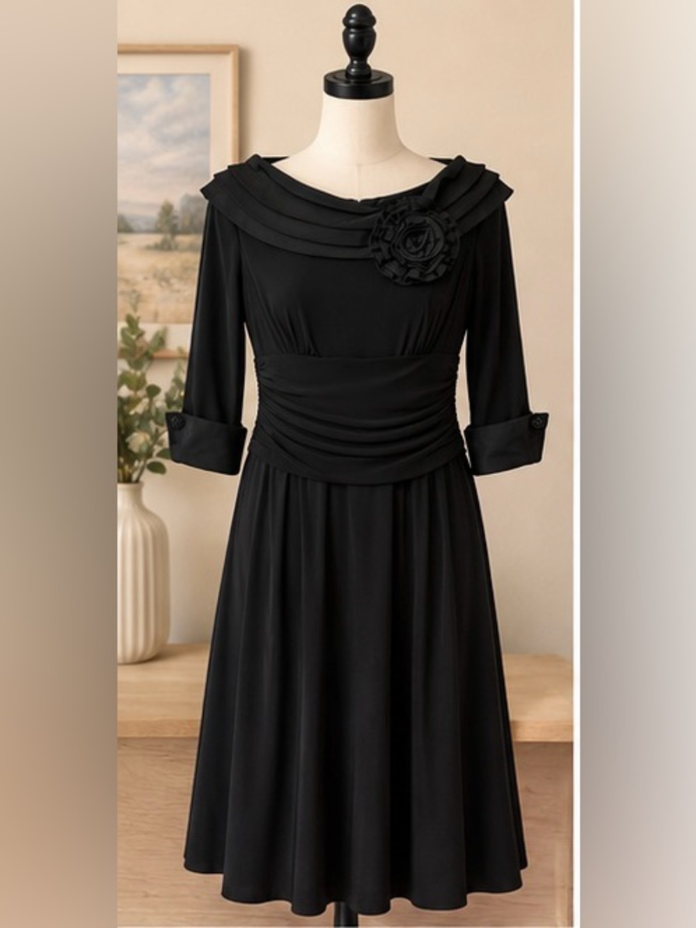 Classic Black Long-Sleeve A-Line Dress with Floral Accent